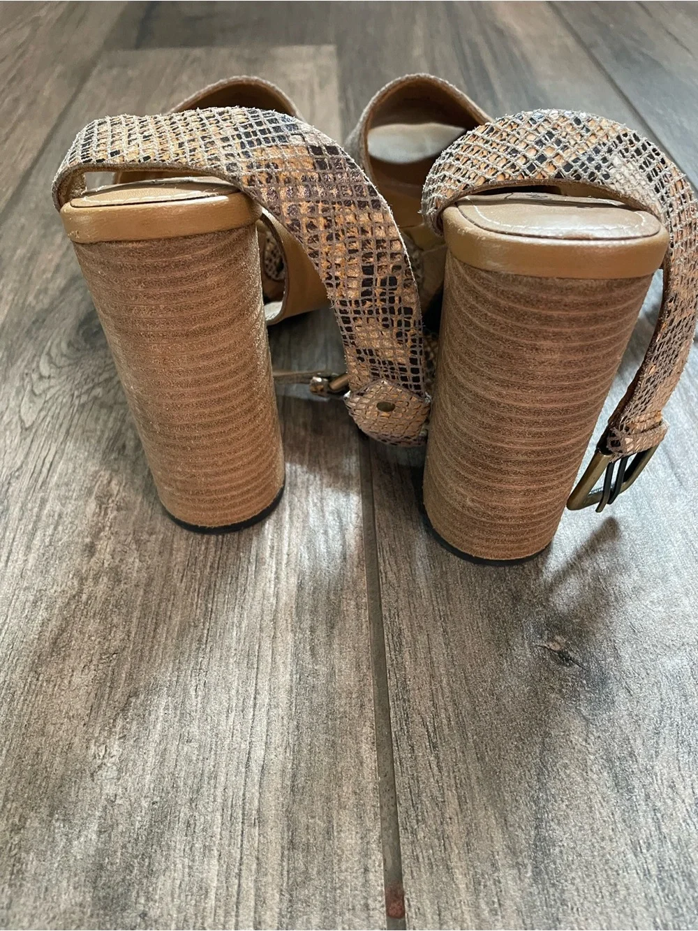 Free People Tan Snake-Print Block Heel Sandals